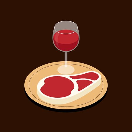 Steak and a glass of red wine on wooden cutting board isometric flat design style, vector illustrationのイラスト素材