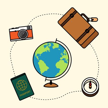 Summer travel and explore the world background flat design style decorative with outline icon of luggage, world map, passport isolated on light yellow background, vector illustrationのイラスト素材