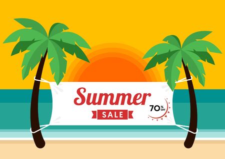Summer sale promotion banner special offer and discount template decorative with beach background, vector illustrationのイラスト素材