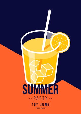 Summer party poster template background with isometric of a glass of orange juice. Graphic design element can be use for invitation brochure, print, banner, leaflet, flyer, vector illustrationのイラスト素材