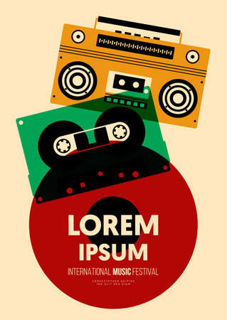 Music poster design template background with transparent cassette tape, boombox, vinyl record. Design element template can be used for backdrop, banner, brochure, leaflet, print, vector illustrationのイラスト素材