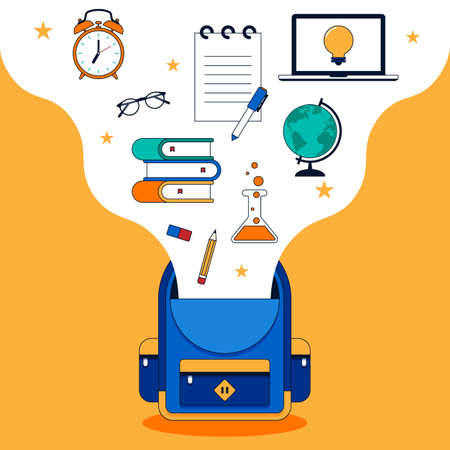 Back to school concept background decorative with various school stationery flat design. Design element template can be used for banner, backdrop, wallpaper, vector illustrationのイラスト素材