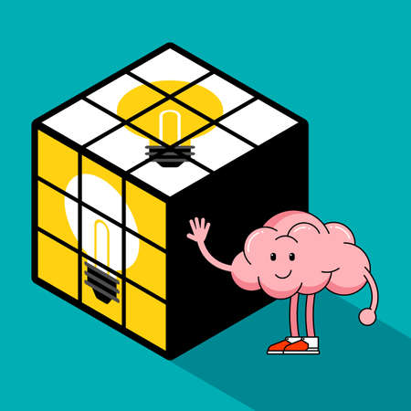 Creative thinking idea concept decorative with human brain cartoon character standing next to light bulb cube flat design style, vector illustrationのイラスト素材