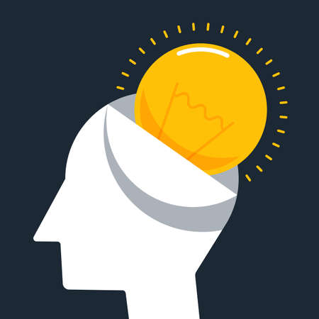 Creative thinking idea and brain training concept flat design style decorative with human head and light bulb, vector illustrationのイラスト素材