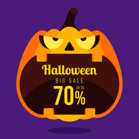 Happy halloween sale promotion banner and special discount template design decorative with pumpkin isolated on purple background, vector illustrationのイラスト素材