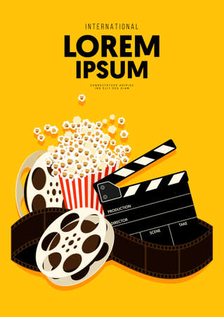 Movie and film poster design template background with popcorn, filmstrip, clapperboard. Can be used for backdrop, banner, brochure, leaflet, flyer, print, publication, vector illustrationのイラスト素材
