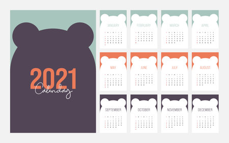 2021 calendar design template week starts on Sunday decorative with teddy bear flat design style, vector illustrationのイラスト素材