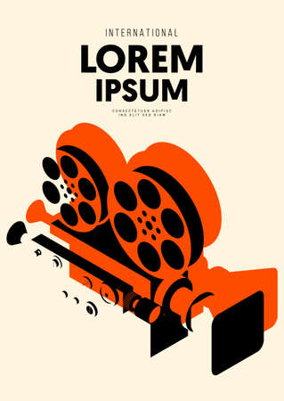 Movie and film poster design template background with isometric vintage camera. Can be used for backdrop, banner, brochure, leaflet, flyer, print, publication, vector illustrationのイラスト素材