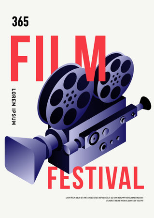 Movie and film poster design template background with vintage isometric camera. Can be used for backdrop, banner, brochure, leaflet, flyer, print, publication, vector illustrationのイラスト素材