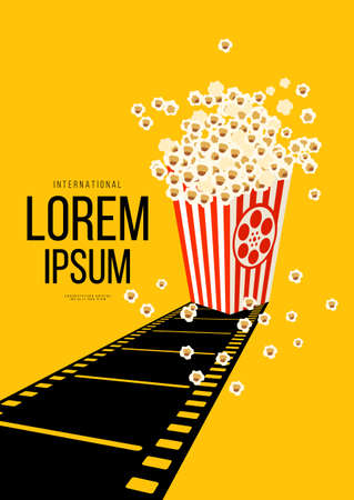 Movie and film poster design template background with retro filmstrip and popcorn. Can be used for backdrop, banner, brochure, leaflet, flyer, print, publication, vector illustrationのイラスト素材