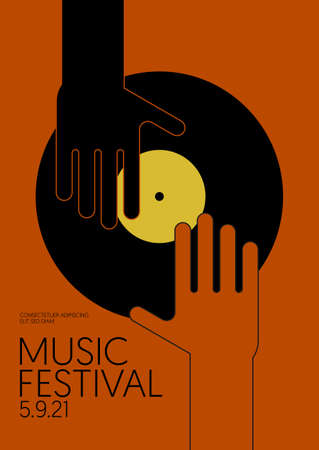 Music poster design template background with vinyl record and human hand. Design element template can be used for backdrop, banner, brochure, leaflet, print, publication, vector illustrationのイラスト素材