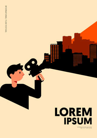 Movie and film poster design template with urban cityscape background. Design element can be used for backdrop, banner, brochure, leaflet, flyer, print, publication, vector illustrationのイラスト素材