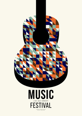 Music poster design template background decorative with guitar and mosaic geometric shape. Design element template can be used for banner, backdrop, brochure, leaflet, print, vector illustrationのイラスト素材
