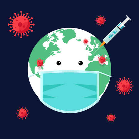 Vaccination  concept decorative with the world wearing face mask and vaccine syringe flat design style, vector illustrationのイラスト素材