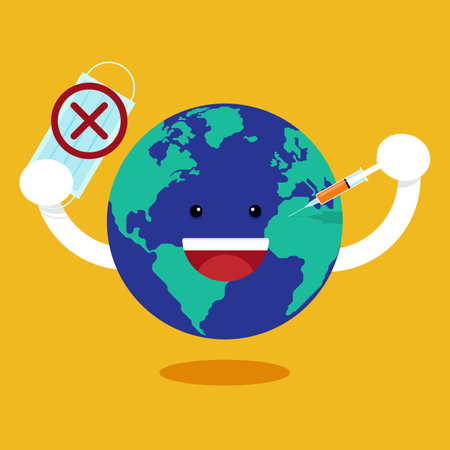 Vaccination COVID-19 concept decorative with the world take off face mask after taking vaccine flat design style, vector illustrationのイラスト素材