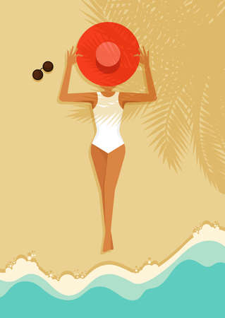 A women laying down on beautiful beach. Summer time and happy holiday concept flat design style. Can be used for print, publication, brochure, backdrop, leaflet, flyer, banner, vector illustrationのイラスト素材