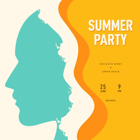 Summer time and happy holiday concept decorative with human face and beach flat design style. Can be used for poster, invitation, brochure, backdrop, leaflet, flyer, banner, vector illustrationのイラスト素材