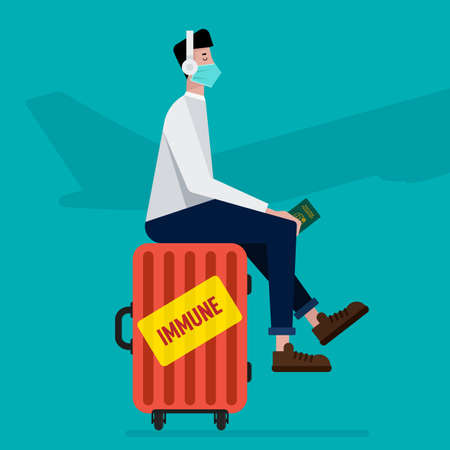 New normal lifestyle and safe travel concept during COVID-19 outbreak to limit epidemic of Coronavirus with tourist wearing face mask waiting for boarding at the airport, vector illustrationのイラスト素材