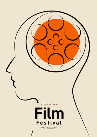 Movie and film poster design template background with vintage outline film reel. Can be used for backdrop, banner, brochure, leaflet, flyer, print, publication, vector illustrationのイラスト素材