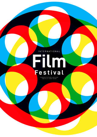 Movie and film poster design template background with transparent film reel. Can be used for backdrop, banner, brochure, leaflet, flyer, print, publication, vector illustrationのイラスト素材