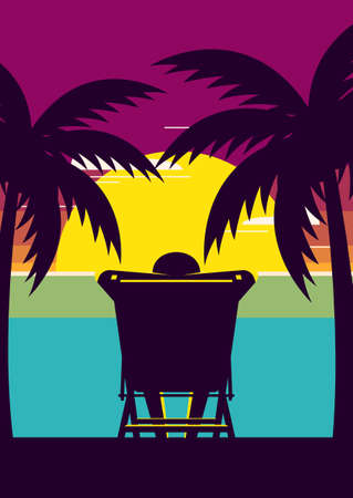 A tourist is sitting on beach chair at sunset. Summer time and happy holiday concept flat design style. Can be used for print, brochure, backdrop, leaflet, flyer, banner, vector illustrationのイラスト素材
