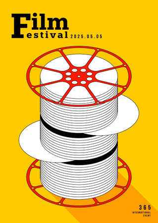 Movie and film poster design template background with isometric vintage film reel outline. Can be used for backdrop, banner, brochure, leaflet, flyer, print, publication, vector illustrationのイラスト素材