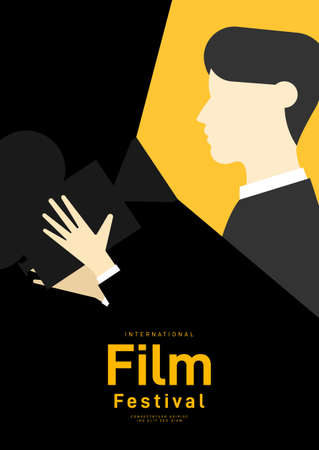 Movie poster design template background with vintage film camera. Can be used for backdrop, banner, brochure, leaflet, flyer, print, publication, vector illustrationのイラスト素材