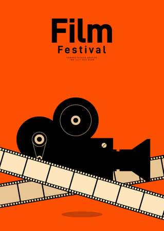 Film poster design template background with retro movie camera and filmstrip. Can be used for backdrop, banner, brochure, leaflet, flyer, print, publication, vector illustrationのイラスト素材