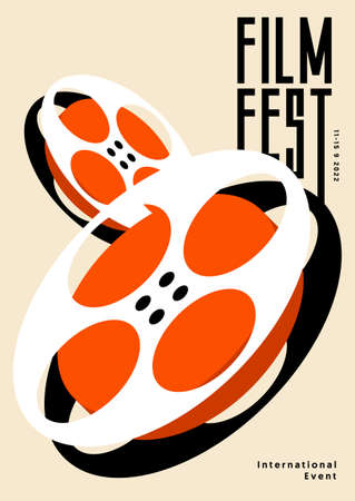 Movie and film poster design template background with film reel. Can be used for backdrop, banner, brochure, leaflet, flyer, print, publication, vector illustrationのイラスト素材