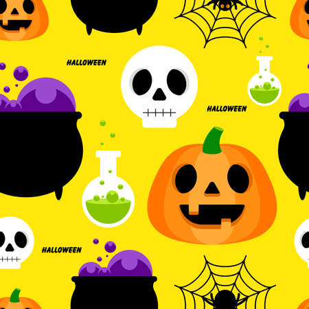 Halloween seamless pattern decorative with pumpkin, poison pot and skull flat design style, vector illustrationのイラスト素材