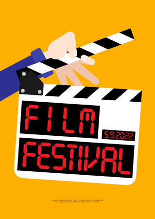 Movie and film poster design template background with film slate. Can be used for backdrop, banner, brochure, leaflet, flyer, print, publication, vector illustrationのイラスト素材