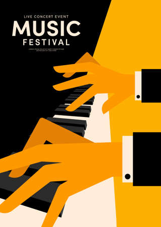 Music poster decorative with pianist playing piano design template background vintage retro style. Design element can be used for backdrop, banner, brochure, print, publication, vector illustrationのイラスト素材