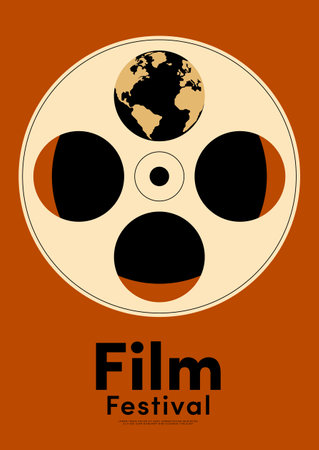 Movie and film poster design template background with retro film reel. Can be used for backdrop, banner, brochure, leaflet, flyer, print, publication, vector illustrationのイラスト素材