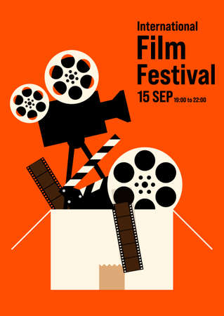 Movie poster design template background with retro film equipment. Can be used for backdrop, banner, brochure, leaflet, flyer, print, publication, vector illustrationのイラスト素材