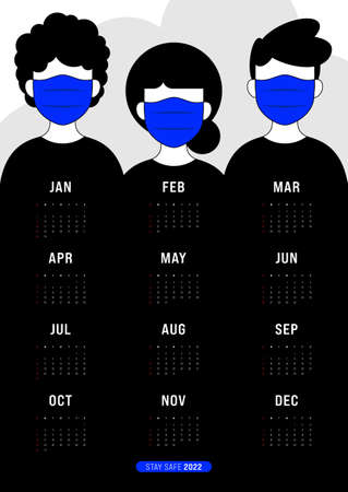 2022 printable monthly calendar template design week starts on Sunday with people wearing mask due to COVID-19 situation concept, vector illustrationのイラスト素材