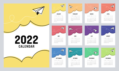 Calendar template design for 2022, printable monthly planner with outline paper plane flat design style, week starts on Sunday, vector illustrationのイラスト素材