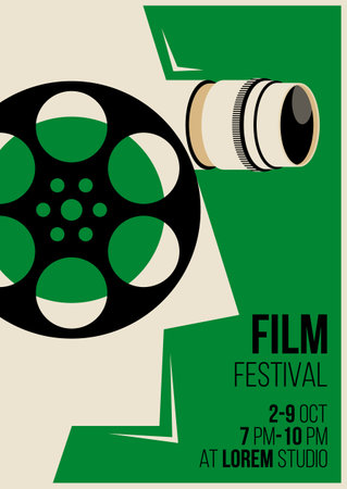 Movie and film poster design template background with vintage film camera. Can be used for backdrop, banner, brochure, leaflet, flyer, print, publication, vector illustrationのイラスト素材