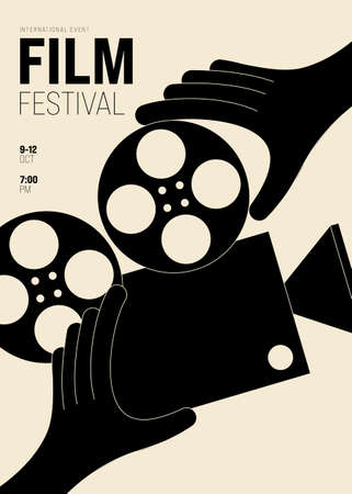 Movie and film poster design template background with vintage film reel. Can be used for backdrop, banner, brochure, leaflet, flyer, print, publication, vector illustrationのイラスト素材