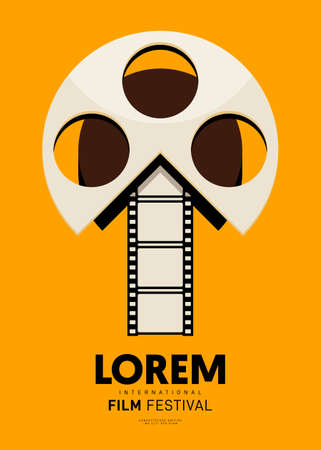 Movie and film poster design template background with film reel. Can be used for backdrop, banner, brochure, leaflet, flyer, print, publication, vector illustrationのイラスト素材