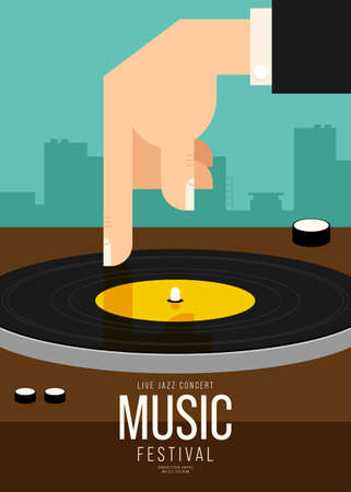 Music poster design template background with vinyl record. Design template can be used for backdrop, banner, brochure, leaflet, flyer, print, publication, vector illustrationのイラスト素材