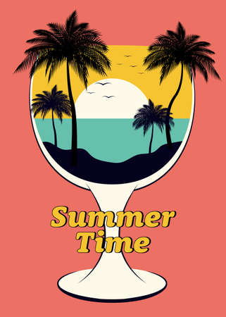 Summer holiday concept design element template background decorative with natural scenery in wine glass flat design style, vector illustrationのイラスト素材