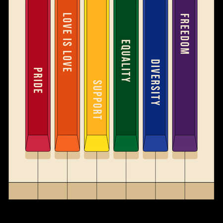 LGBTQ community pride month poster design template. Human rights and diversity concept. Piano keyboard with rainbow color, vector illustrationのイラスト素材