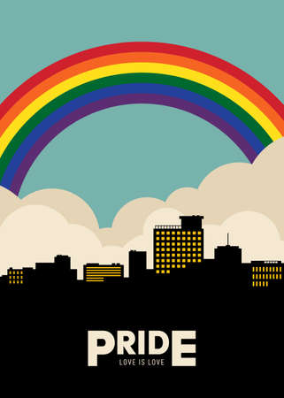 LGBTQ community pride month poster design template. Human rights and diversity concept. Cityscape with rainbow background, vector illustrationのイラスト素材