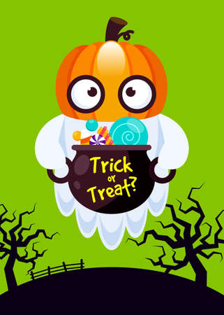 Happy halloween party template design background decorative with cute ghost in pumpkin head flat design style, vector illustrationのイラスト素材