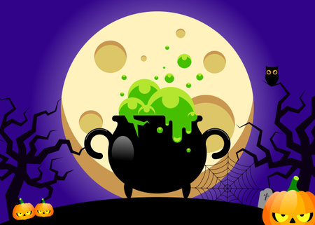 Happy halloween party template design background decorative with poison pot flat design style, vector illustrationのイラスト素材