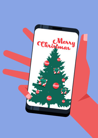 Merry Christmas concept decorative with people using mobile phone. Design element can be used for greeting card, postcard, backdrop, brochure, publication, vector illustrationのイラスト素材