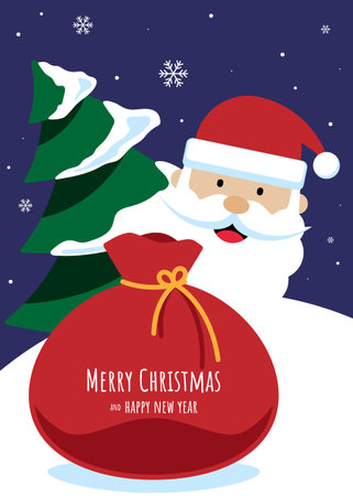Merry Christmas and happy new year concept with Santa Claus and pine tree. Design element can be used for greeting card, postcard, backdrop, brochure, publication, vector illustrationのイラスト素材