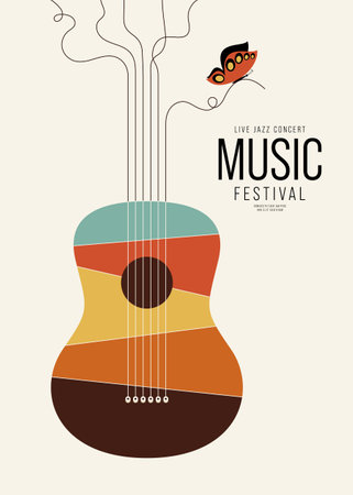 Music festival poster design template background with acoustic guitar. Design element template for backdrop, banner, brochure, leaflet, print, publication, vector illustrationのイラスト素材