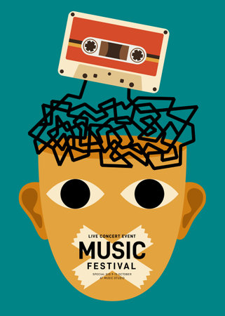 Music poster design template background with vintage tape cassette. Design template can be used for backdrop, banner, brochure, leaflet, flyer, print, publication, vector illustrationのイラスト素材