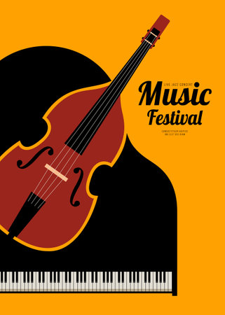 Music poster design template background with piano and double bass. Design template can be used for backdrop, banner, brochure, leaflet, flyer, print, publication, vector illustrationのイラスト素材